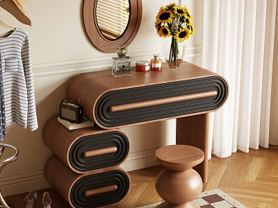 Modern Wooden Dressing Table With Black Drawers Round Mirror Sunflower Vase And Stool 3d model