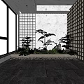 Indoor Landscape with Large Window White Wall Grid Panels Green Ferns Stones and Pebble Floor