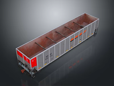 Open Top Rail Freight Car With Multiple Compartments Gray Body Red Orange Markings Metal Wheels 3d model