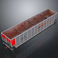 Open Top Rail Freight Car With Multiple Compartments Gray Body Red Orange Markings Metal Wheels