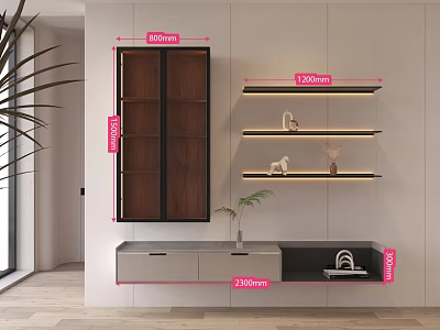 Modern Sideboard Wooden Gray Spacious Storage And Decorative Shelves With Vases Figurines In Dining Area 3d model