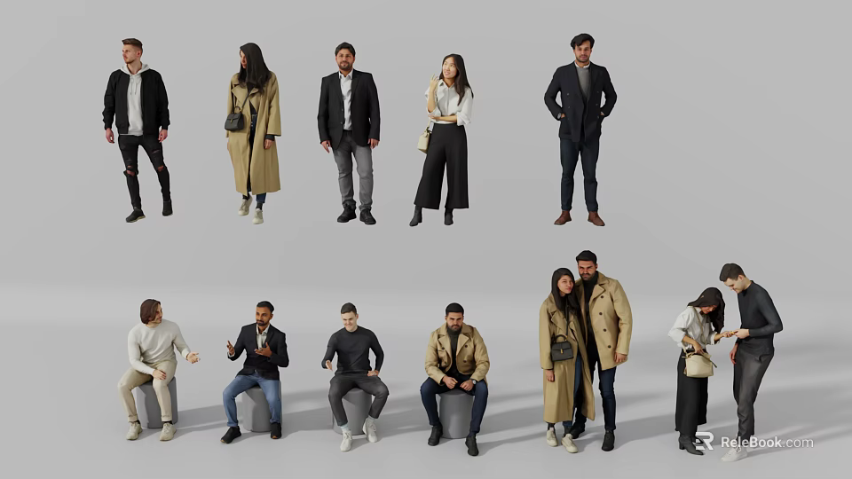 Group of People in Diverse Casual Formal Wear and Various Standing Sitting Poses 3d model 