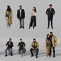 Group of People in Diverse Casual Formal Wear and Various Standing Sitting Poses