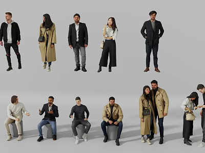 Group of People in Diverse Casual Formal Wear and Various Standing Sitting Poses 3d model