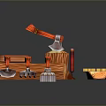 Woodworking Tools Collection Featuring Axe Saw Shovel Rake Broom Wooden Box Stump Trough And Plank