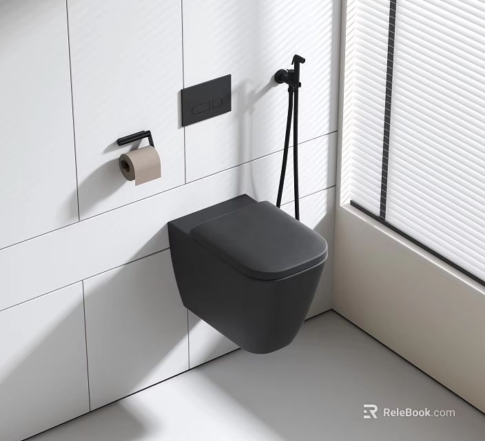 Modern Bathroom Wall Mounted Black Toilet With White Tile Wall Toilet Paper Holder And Faucet 3d model 