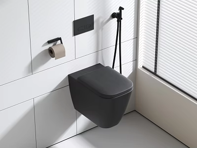 Modern Bathroom Wall Mounted Black Toilet With White Tile Wall Toilet Paper Holder And Faucet 3d model