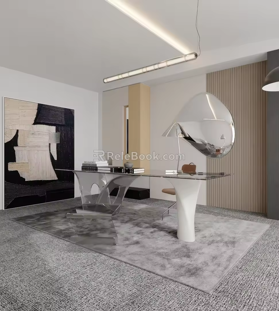 Modern Study Desk Carpet Bookcase Chandelier 3d model