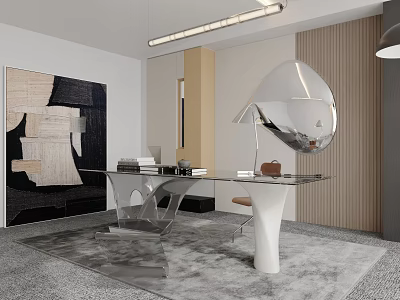 Modern Study Desk Carpet Bookcase Chandelier 3d model