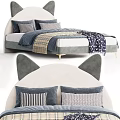 Cute Kids Bed with Cat Ear Design Pink Gray Headboard White Frame and Striped Plaid Bedding