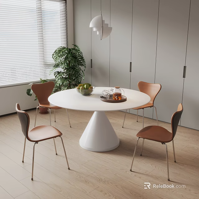 Modern White Round Dining Table Set With Tapered Base And Four Brown Leather Chairs 3d model 