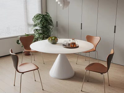 Modern White Round Dining Table Set With Tapered Base And Four Brown Leather Chairs 3d model