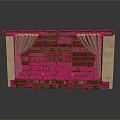 Traditional Wooden Bookshelf Display With Books Green Curtains Yellow Trim Stone Sides And Bench