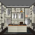 Spacious Walk in Closet Interior With Open Shelves Hanging Clothes And Central Island