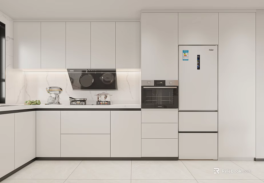 Modern Kitchen Interior With White Cabinets Drawers Countertop Stove Oven And Appliances 3d model 