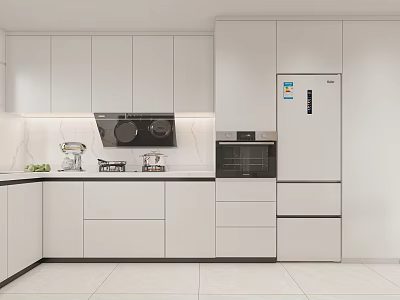Modern Kitchen Interior With White Cabinets Drawers Countertop Stove Oven And Appliances 3d model