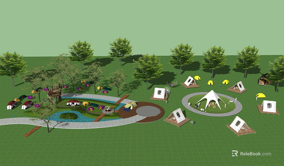 Lush Green Camping Site Featuring Dome Tents Trees And Circular Pathways 3d model
