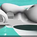 Sleek White Curved Overwater Hotel Building With Arched Structures And Water Reflections