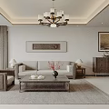 Modern Living and Dining Room Interior With Wooden Furniture Chandelier And Decorative Paintings