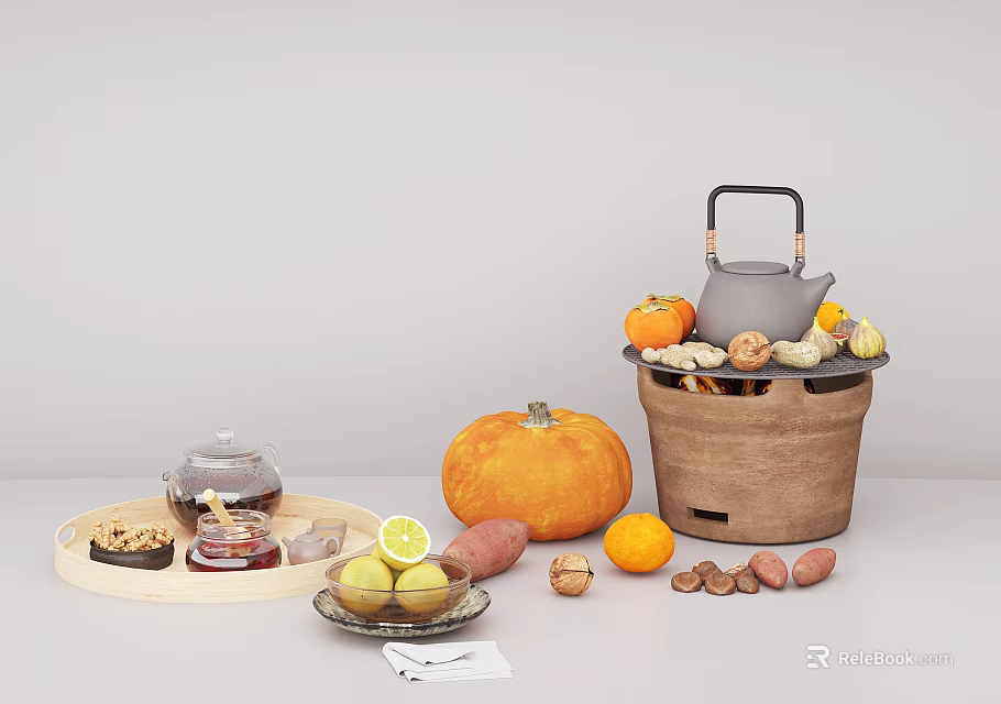 Traditional Tea Set with Wooden Tray Pumpkins Sweet Potatoes Lemons and Nuts in Basket 3d model 