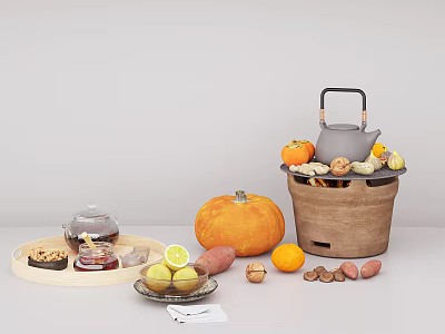 Traditional Tea Set with Wooden Tray Pumpkins Sweet Potatoes Lemons and Nuts in Basket 3d model