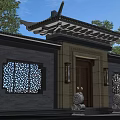 Traditional Chinese Entrance Gate with Carved Windows Stone Lions Gray Brick Walls Under Overhanging Eaves
