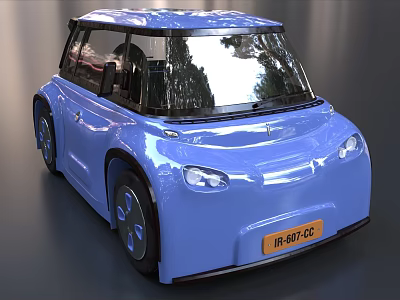 Blue Shiny Compact Modern Car With Rounded Body And Transparent Windows 3d model