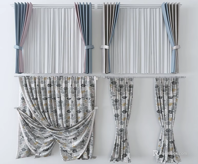 Stylish Modern Curtains With Striped Patterned Linen Fabric Tieback Details 3d model 