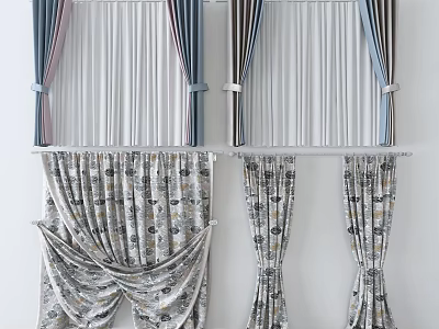 Stylish Modern Curtains With Striped Patterned Linen Fabric Tieback Details 3d model