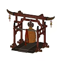 Ancient Musical Instruments Featuring Red Frames Hanging Bells And Wooden Pedestals Set Of Four