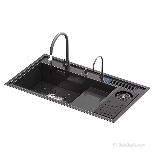 Black Kitchen Sink With Double Faucets Drainer Rack And Drainage Area 3d model 
