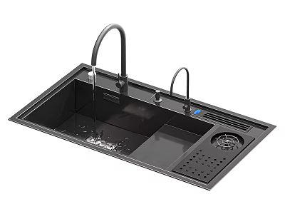 Black Kitchen Sink With Double Faucets Drainer Rack And Drainage Area 3d model