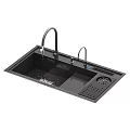 Black Kitchen Sink With Double Faucets Drainer Rack And Drainage Area