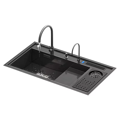 Black Kitchen Sink With Double Faucets Drainer Rack And Drainage Area 3d model