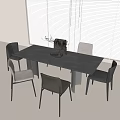 Modern Rectangular Dining Table Set with Four Black Gray Beige Chairs and Bright Light Blinds Background 3d model