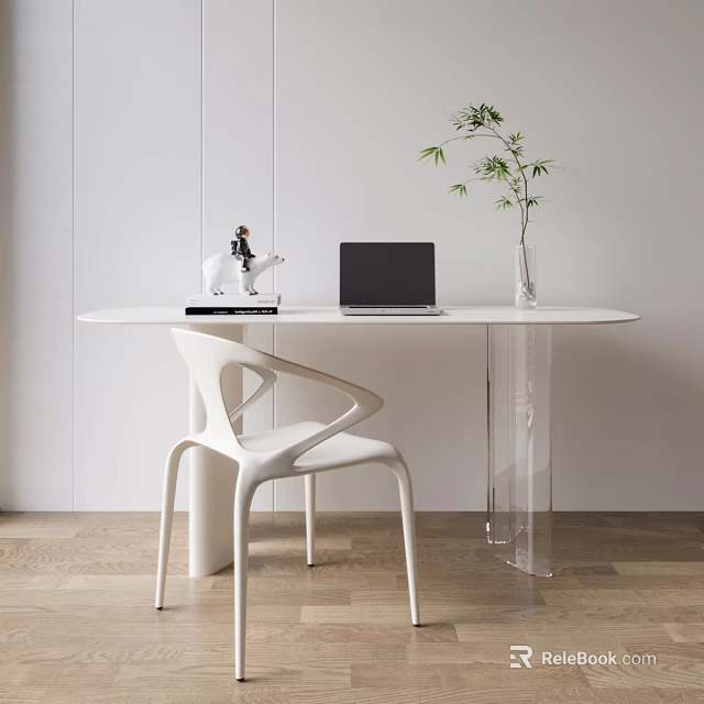 Modern White Oval Table and Chair Set With Laptop Green Plant and Decor 3d model 