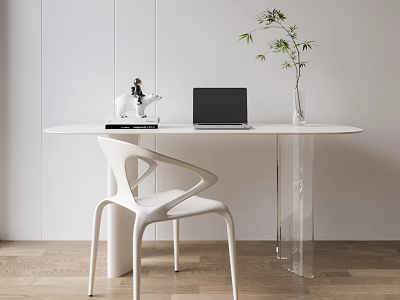 Modern White Oval Table and Chair Set With Laptop Green Plant and Decor 3d model