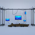 Sculpture Art Installation With Metal Frame Hanging Blue Screens Wooden Base And Water Ripple Patterns