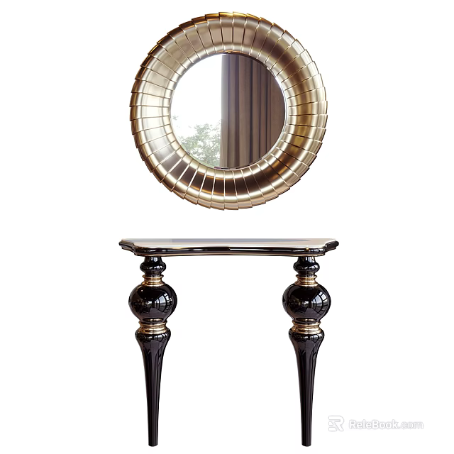 Elegant Round Mirror With Gold Metal Frame Hanging Above Black Console Table 3d model 