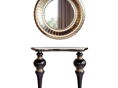 Elegant Round Mirror With Gold Metal Frame Hanging Above Black Console Table 3d model