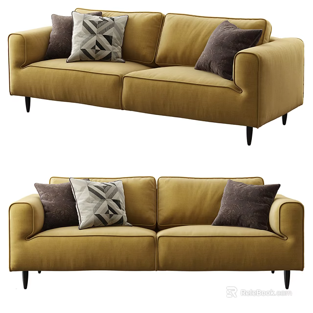Modern Yellow Two Seater Sofa with Patterned and Solid Pillows and Black Legs 3d model