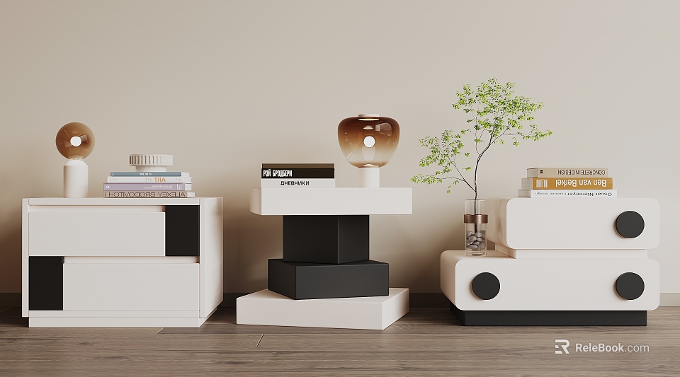 Modern White and Black Nightstands with Books Vase and Green Plant 3d model 
