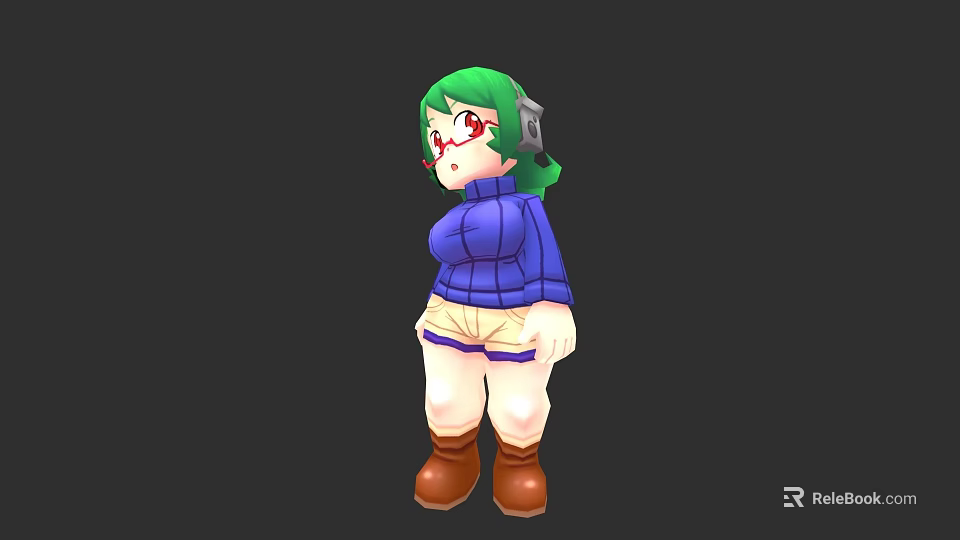 Game Movie Character With Green Hair Red Eyes Blue Top Beige Shorts And Brown Boots 3d model 