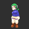 Game Movie Character With Green Hair Red Eyes Blue Top Beige Shorts And Brown Boots