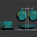 Turquoise Teacups And Saucers With Yellow Flower Patterns On Metal Rack