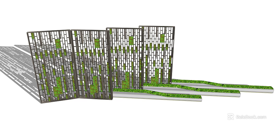 Modern Decorative Room Divider With Geometric Cutout Design And Green Plant Accents 3d model 