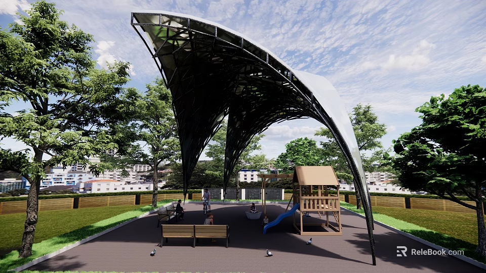 Modern Curved Pergola Structure In Outdoor Park With Playground Benches And Trees 3d model 