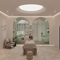 Elegant Beauty Hair Salon Interior With Arch Design Massage Bed Sofa And Green Plants