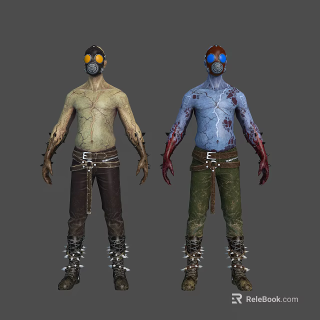 Scary Mutant Creature Characters With Gas Masks Spiked Pants And Bloody Scars 3d model 