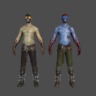 Scary Mutant Creature Characters With Gas Masks Spiked Pants And Bloody Scars 3d model